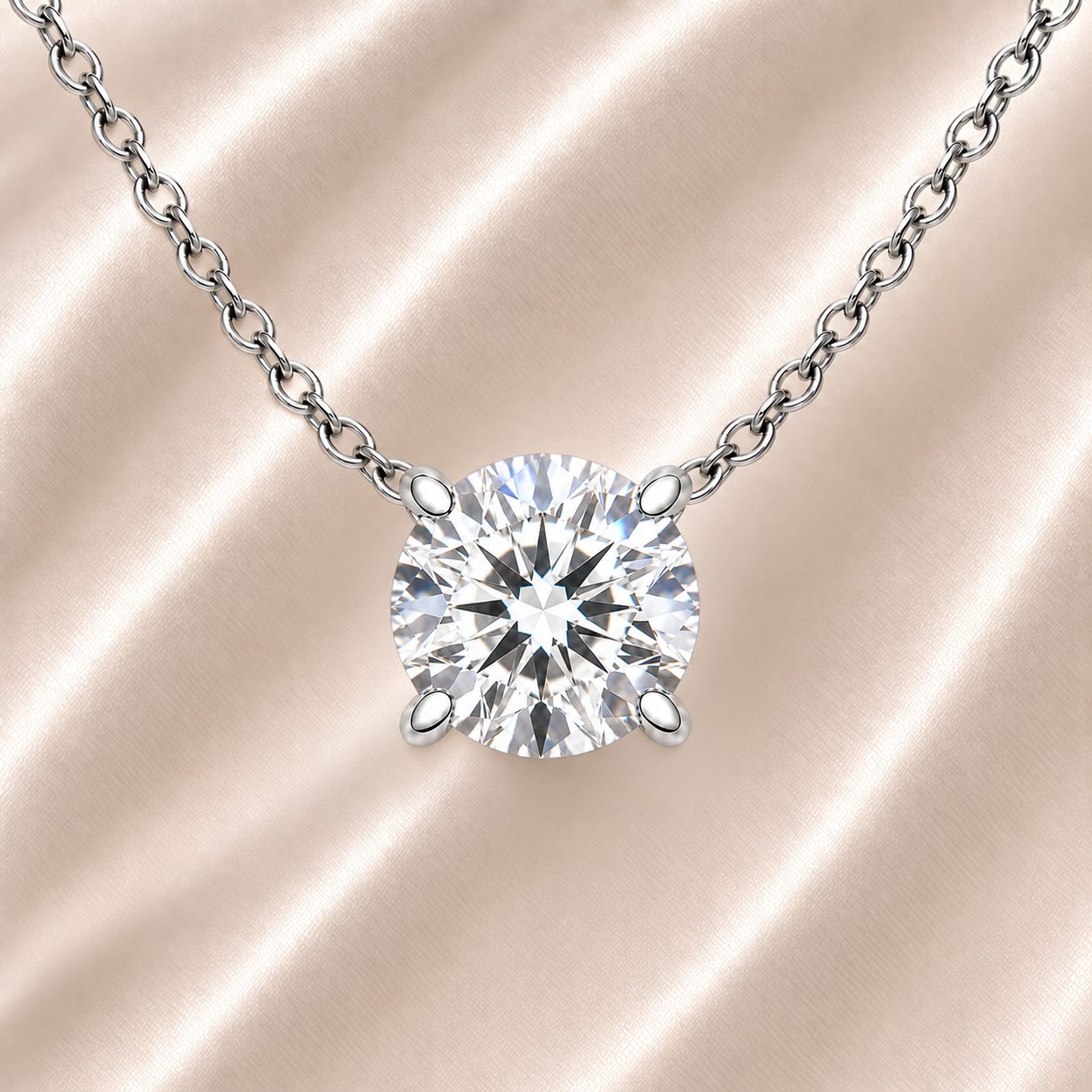 Round moissanite necklace, 6 mm round, crafted in white gold-plated 925 silver. Hypoallergenic and elegant for daily wear. Available now at BSI Jewelry.