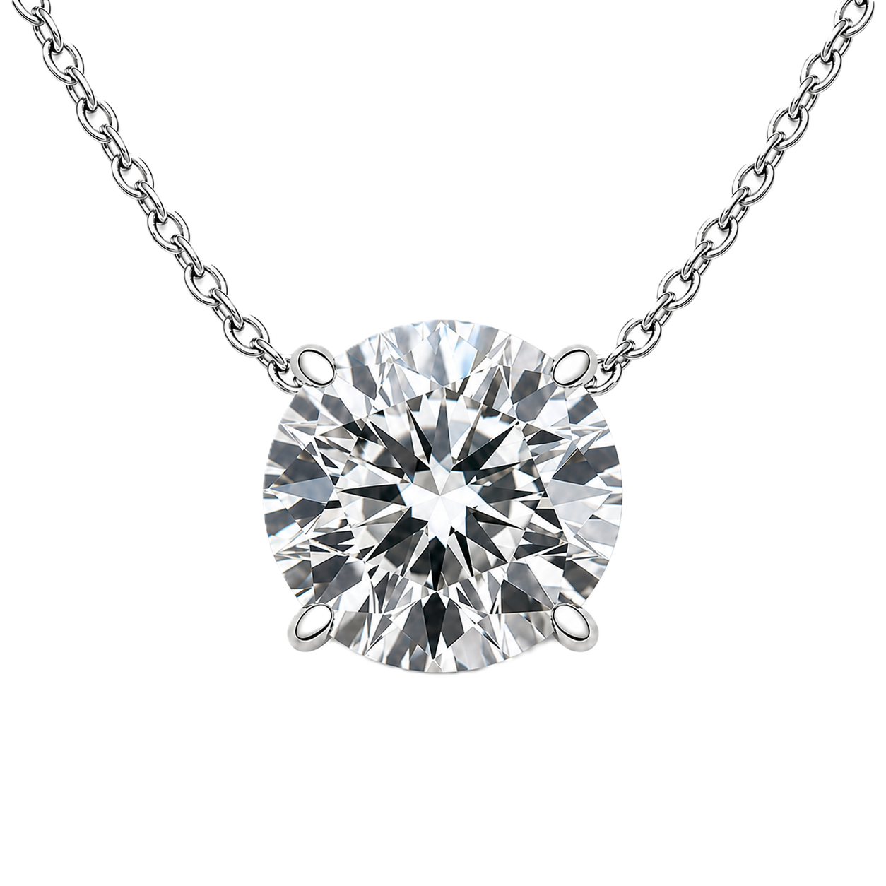 Round moissanite necklace, 7 mm round, crafted in white gold-plated 925 silver. Hypoallergenic and elegant for daily wear. Available now at BSI Jewelry.