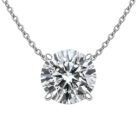 Round moissanite necklace, 7 mm round, crafted in white gold-plated 925 silver. Hypoallergenic and elegant for daily wear. Available now at BSI Jewelry.