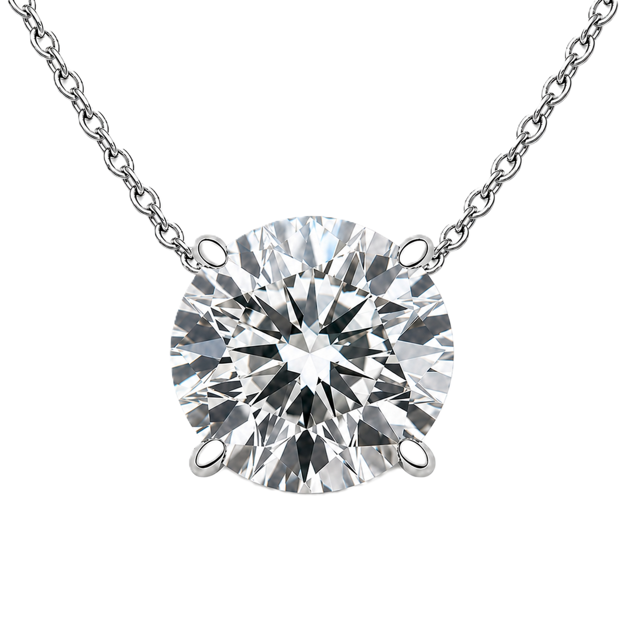 Round moissanite necklace, 8 mm round, crafted in white gold-plated 925 silver. Hypoallergenic and elegant for daily wear. Available now at BSI Jewelry.