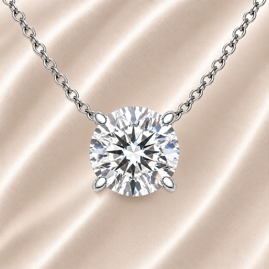 Round moissanite necklace, 8 mm round, crafted in white gold-plated 925 silver. Hypoallergenic and elegant for daily wear. Available now at BSI Jewelry.