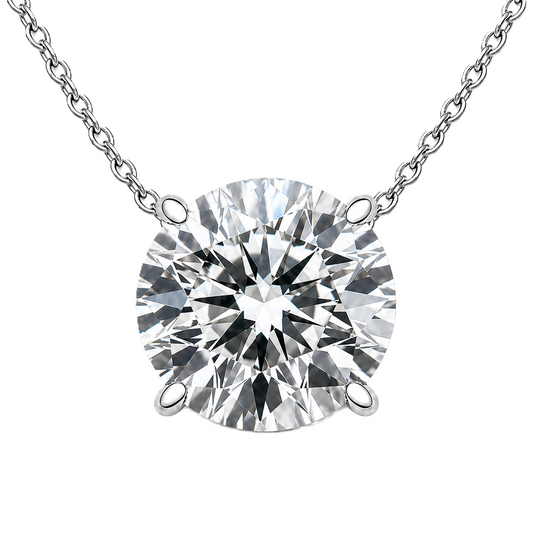 Round moissanite necklace, 9 mm round, crafted in white gold-plated 925 silver. Hypoallergenic and elegant for daily wear. Available now at BSI Jewelry.