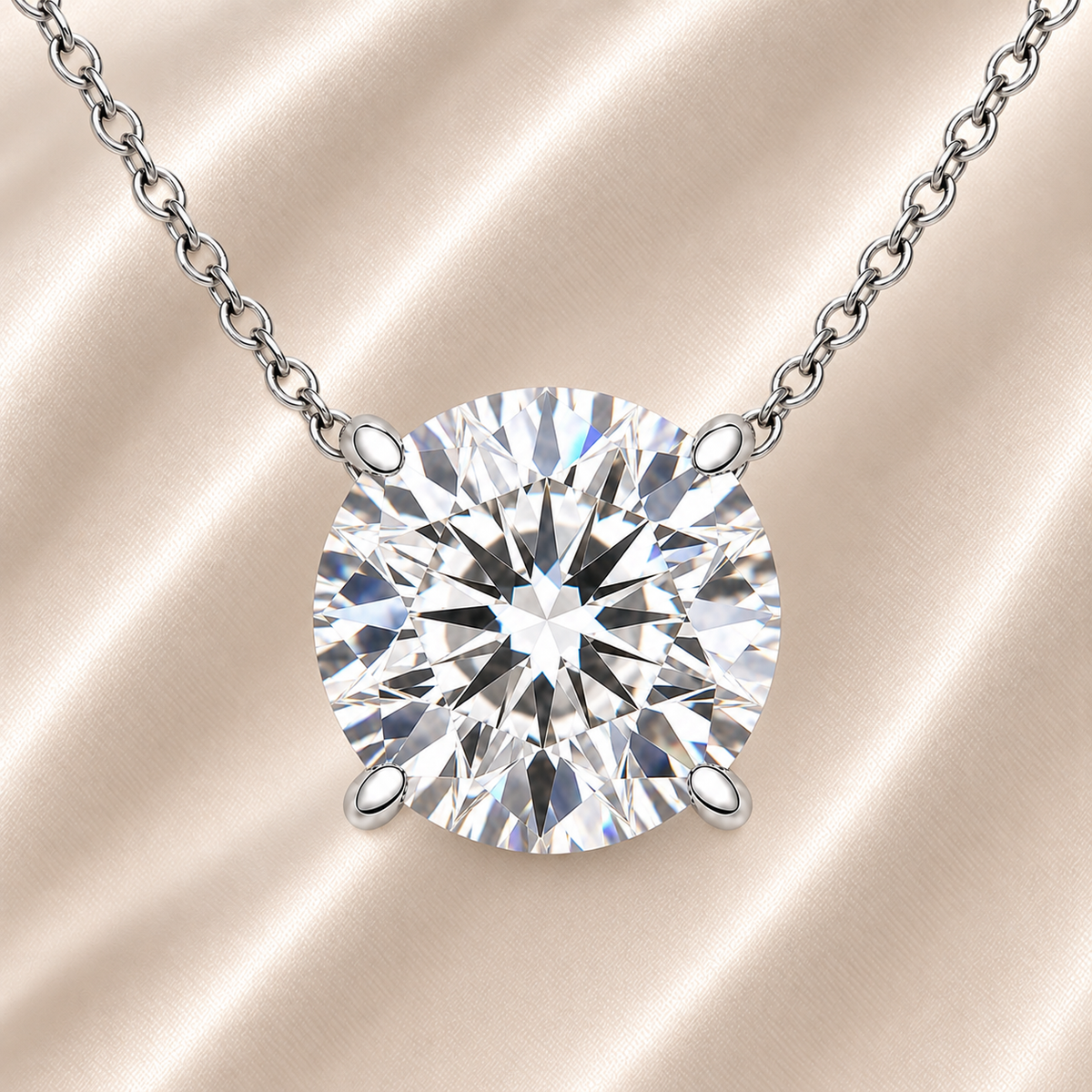 Round moissanite necklace, 9 mm round, crafted in white gold-plated 925 silver. Hypoallergenic and elegant for daily wear. Available now at BSI Jewelry.