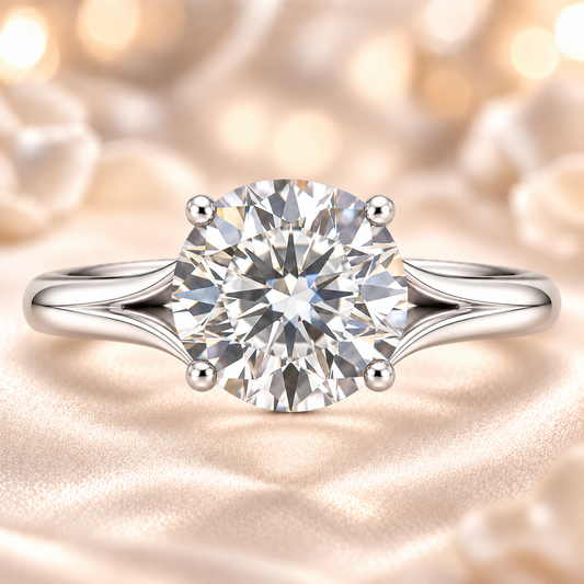 Round cut moissanite ring, 10 mm, set in white gold plated 925 silver. Classic brilliance with timeless elegance. Available now at BSI Jewelry.