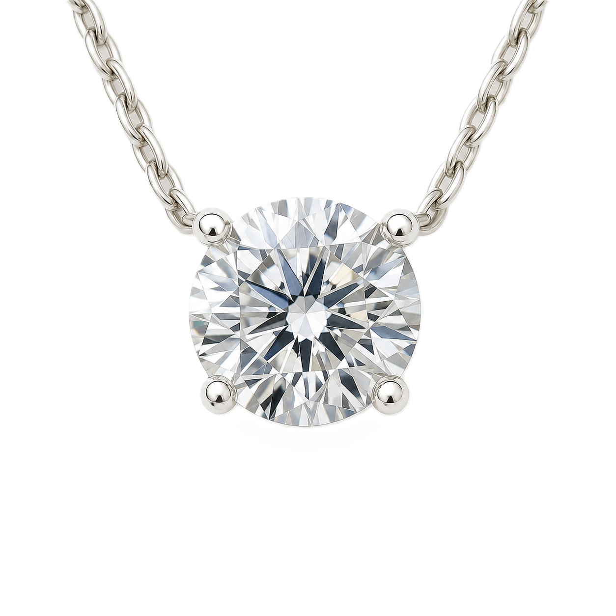 Round 6.50 mm Moissanite solitaire necklat four-prong setting with 45 cm chain. GRA Certified. BSI Jewce in white gold plated 925 silver. Brillianelry.