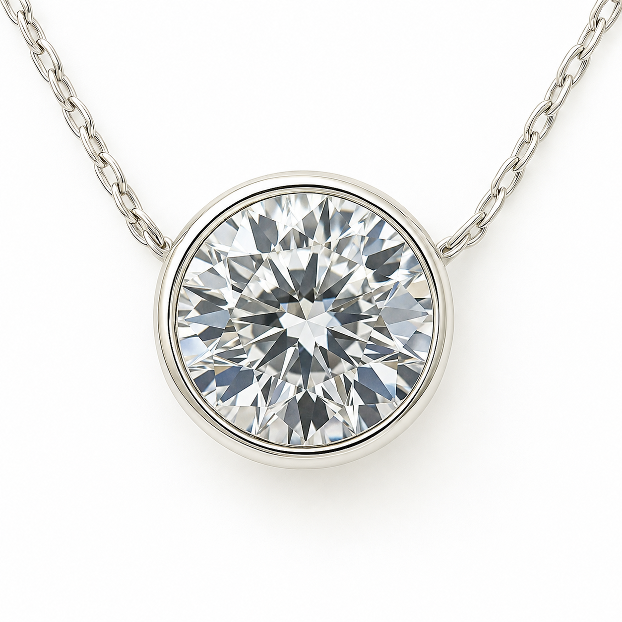 Round Moissanite Solitaire Necklace 6.50 mm in White Gold Plated 925 Silver. GRA Certified, bezel setting and adjustable 45 cm chain. Perfect gift for her.