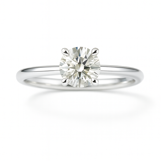 Elegant 3.8 mm Round Brilliant Moissanite Solitaire Ring in White Gold Plated 925 Silver. Hypoallergenic. Finely crafted by BSI Jewelry.