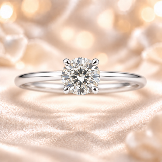 Elegant 3.8 mm Round Brilliant Moissanite Solitaire Ring in White Gold Plated 925 Silver. Hypoallergenic. Finely crafted by BSI Jewelry.