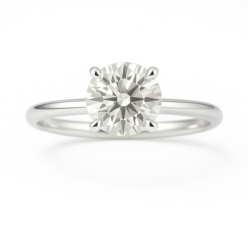 Elegant 4.8 mm Round Brilliant Moissanite Solitaire Ring in White Gold Plated 925 Silver. Hypoallergenic and finely crafted by BSI Jewelry.