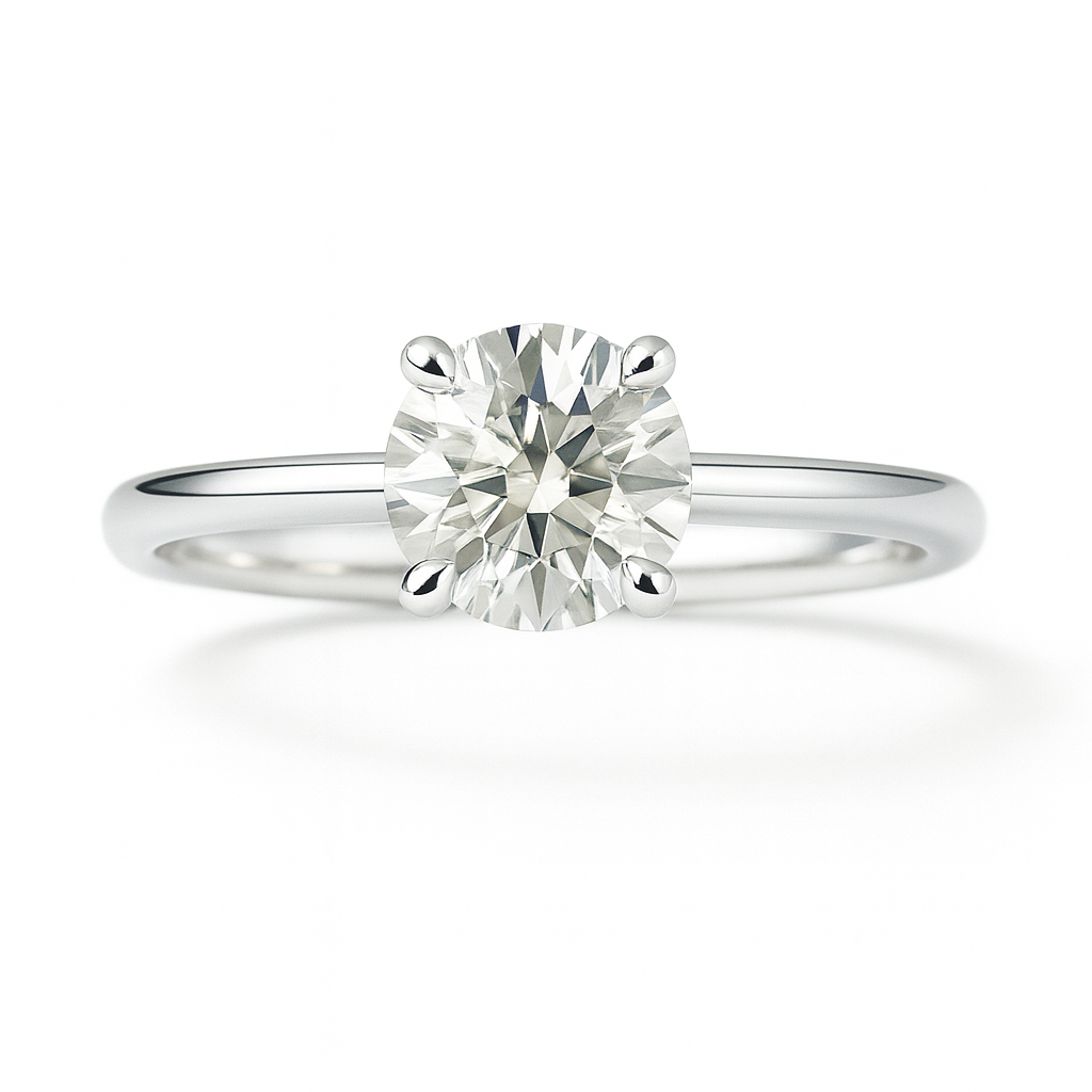 Elegant 4.25 mm Round Brilliant Moissanite Solitaire Ring in White Gold Plated 925 Silver. Hypoallergenic and finely crafted by BSI Jewelry.