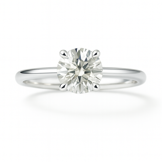 Elegant 4.25 mm Round Brilliant Moissanite Solitaire Ring in White Gold Plated 925 Silver. Hypoallergenic and finely crafted by BSI Jewelry.