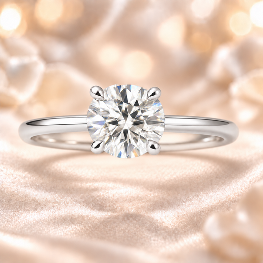 Elegant 4.25 mm Round Brilliant Moissanite Solitaire Ring in White Gold Plated 925 Silver. Hypoallergenic and finely crafted by BSI Jewelry.