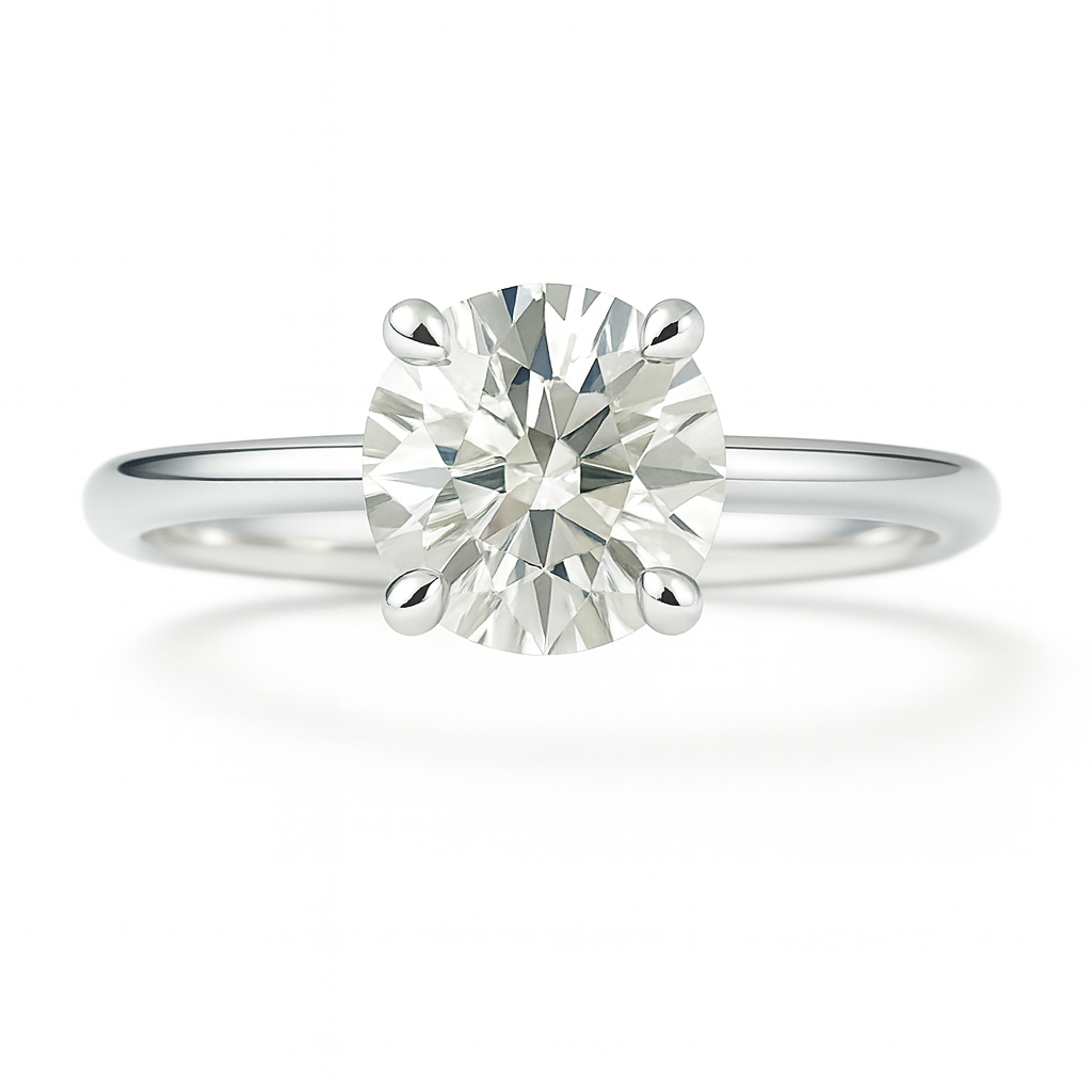 Elegant 5.25 mm Round Brilliant Moissanite Solitaire Ring in White Gold Plated 925 Silver. Hypoallergenic and finely crafted by BSI Jewelry.