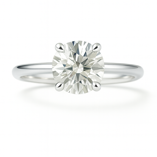 Elegant 5.25 mm Round Brilliant Moissanite Solitaire Ring in White Gold Plated 925 Silver. Hypoallergenic and finely crafted by BSI Jewelry.