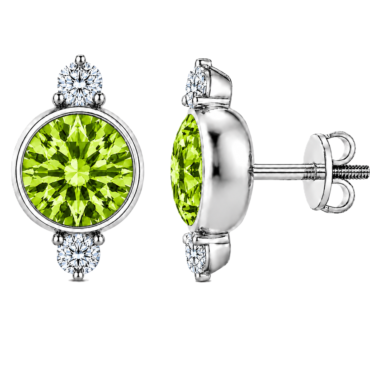 Peridot stud earrings, 7 mm round with moissanite accents in white gold-plated 925 silver. Elegant and hypoallergenic. Available now at BSI Jewelry.
