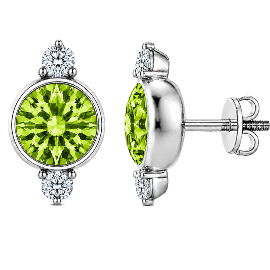 Peridot stud earrings, 7 mm round with moissanite accents in white gold-plated 925 silver. Elegant and hypoallergenic. Available now at BSI Jewelry.