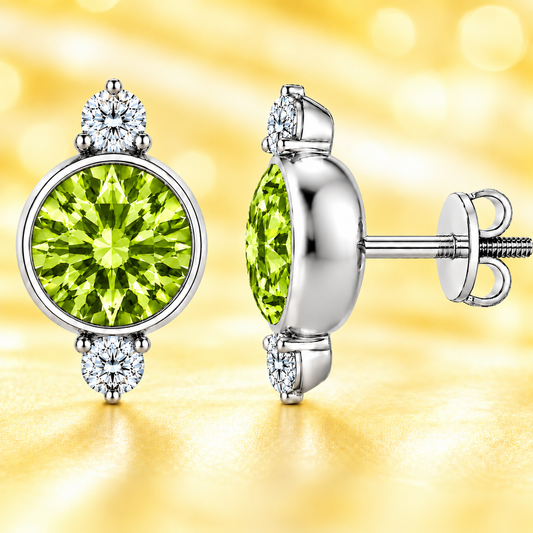 Peridot stud earrings, 7 mm round with moissanite accents in white gold-plated 925 silver. Elegant and hypoallergenic. Available now at BSI Jewelry.