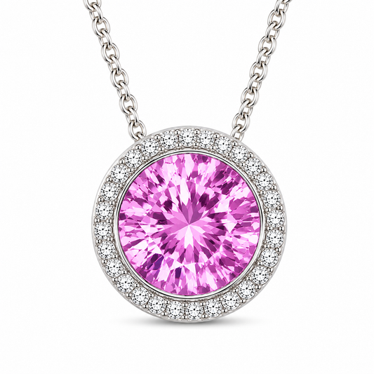 Pink amethyst pendant with a 7 mm round gemstone in white gold-plated 925 silver. Elegant and hypoallergenic. Available now at BSI Jewelry.