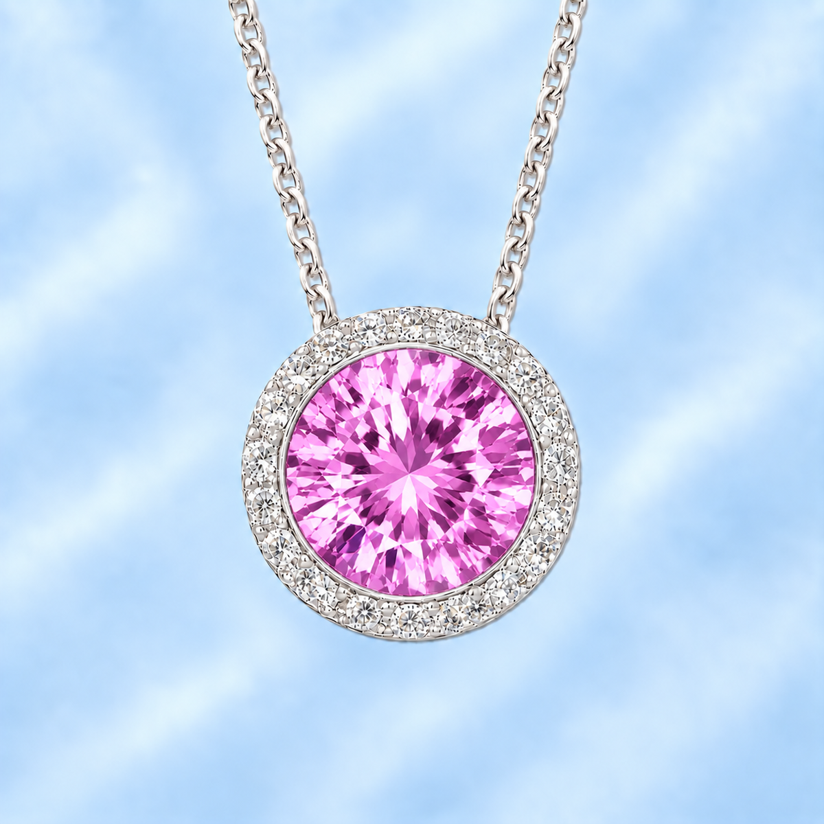 Pink amethyst pendant with a 7 mm round gemstone in white gold-plated 925 silver. Elegant and hypoallergenic. Available now at BSI Jewelry.