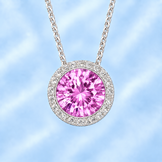 Pink amethyst pendant with a 7 mm round gemstone in white gold-plated 925 silver. Elegant and hypoallergenic. Available now at BSI Jewelry.