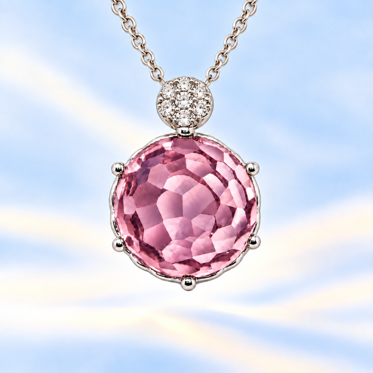 Round pink amethyst pendant with an 8 mm cabochon gemstone in white gold-plated 925 silver. Elegant and hypoallergenic. Available now at BSI Jewelry.