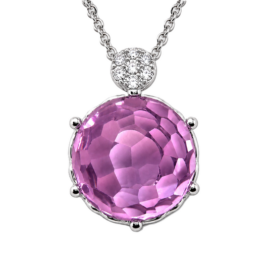 Round pink amethyst pendant with an 8 mm cabochon gemstone in white gold-plated 925 silver. Elegant and hypoallergenic. Available now at BSI Jewelry.