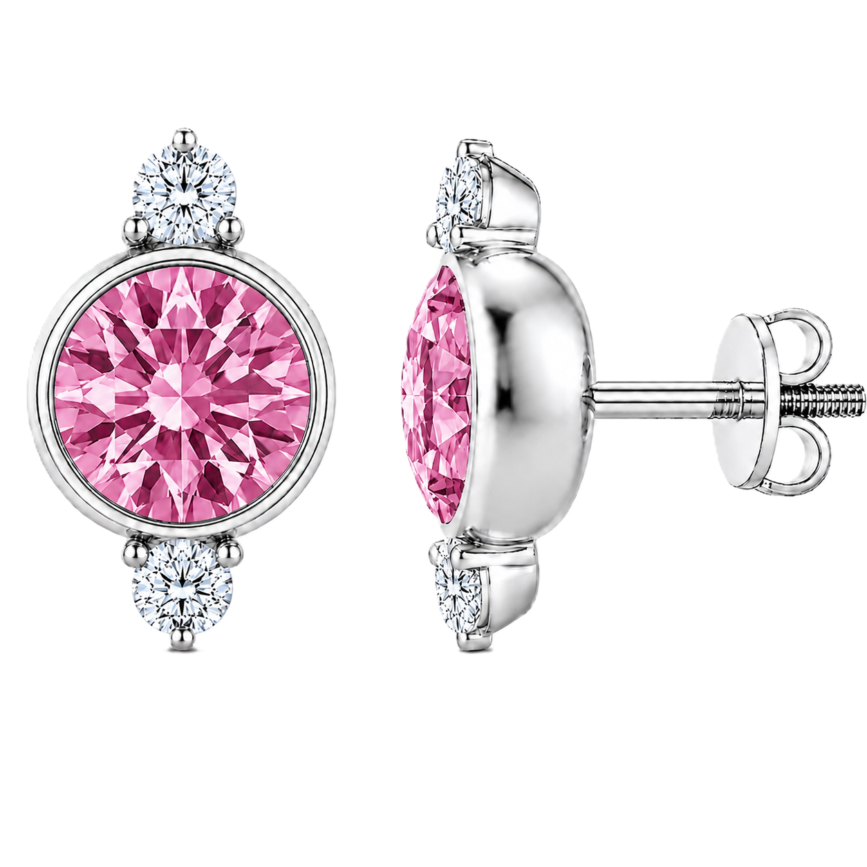 Pink amethyst stud earrings, 7 mm round with moissanite accents in white gold-plated 925 silver. Elegant and hypoallergenic. Available now at BSI Jewelry.