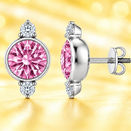 Pink amethyst stud earrings, 7 mm round with moissanite accents in white gold-plated 925 silver. Elegant and hypoallergenic. Available now at BSI Jewelry.