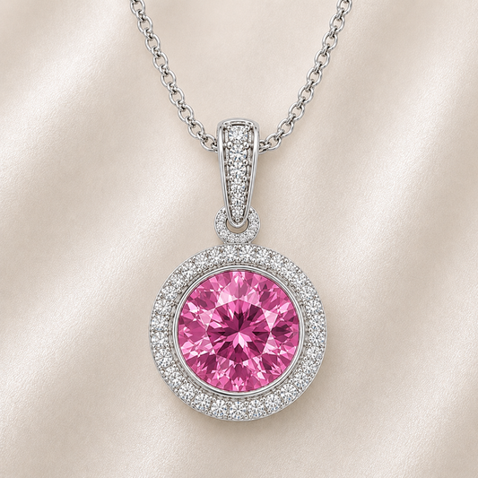 Round pink sapphire pendant, 6 mm round, crafted in white gold-plated 925 silver with moissanite halo accents. Available now at BSI Jewelry.