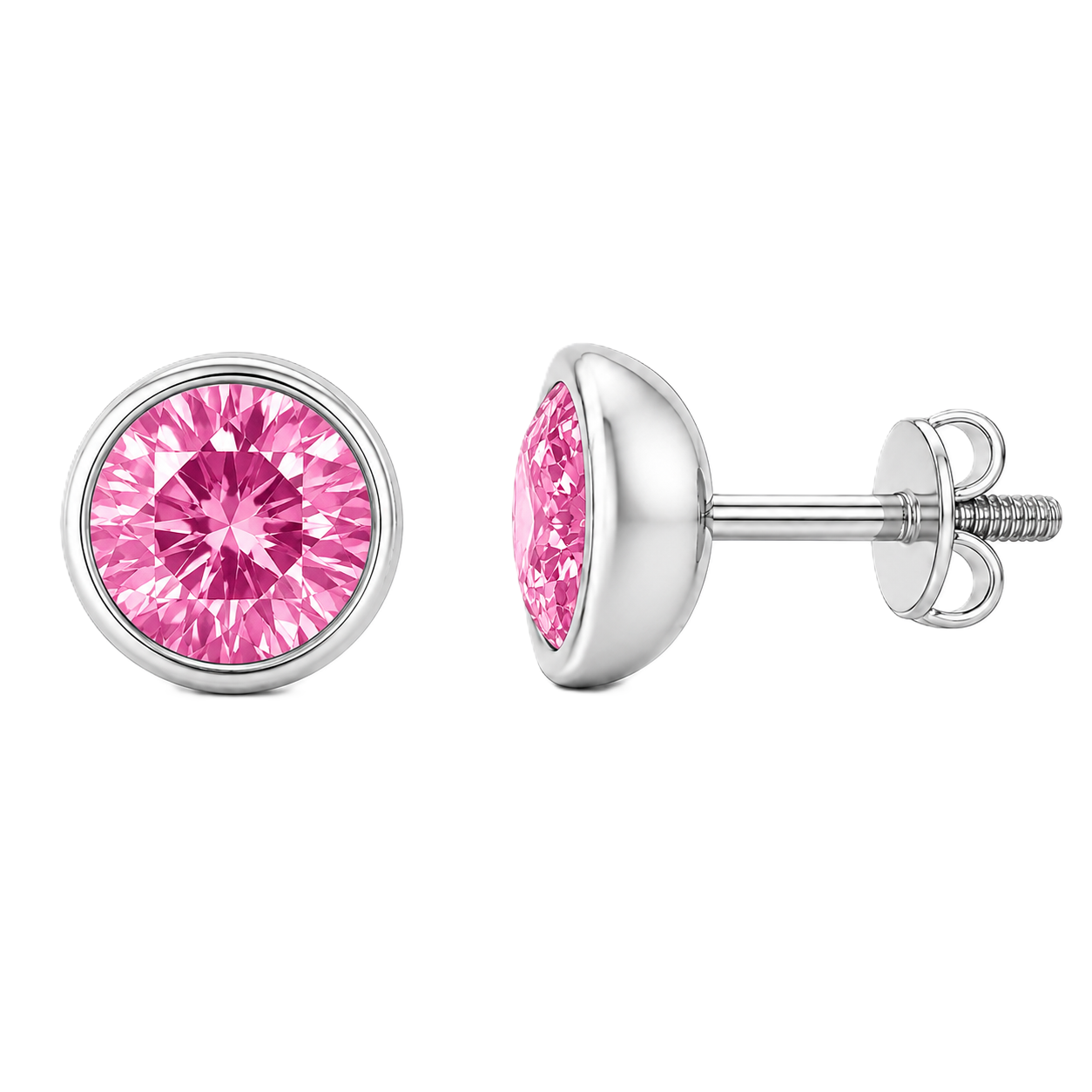Round pink sapphire stud earrings, 4 mm round, crafted in white gold-plated 925 silver. Elegant screw-back design for daily wear. Available now at BSI Jewelry.