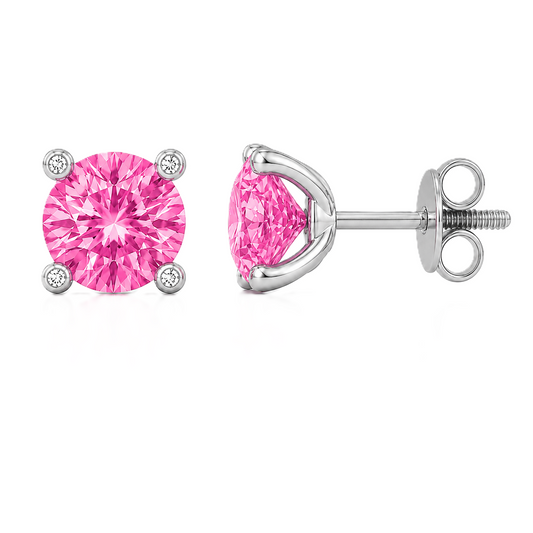 Round pink sapphire stud earrings with 5 mm stones and moissanite prongs in white gold plated 925 silver. Available now at BSI Jewelry.
