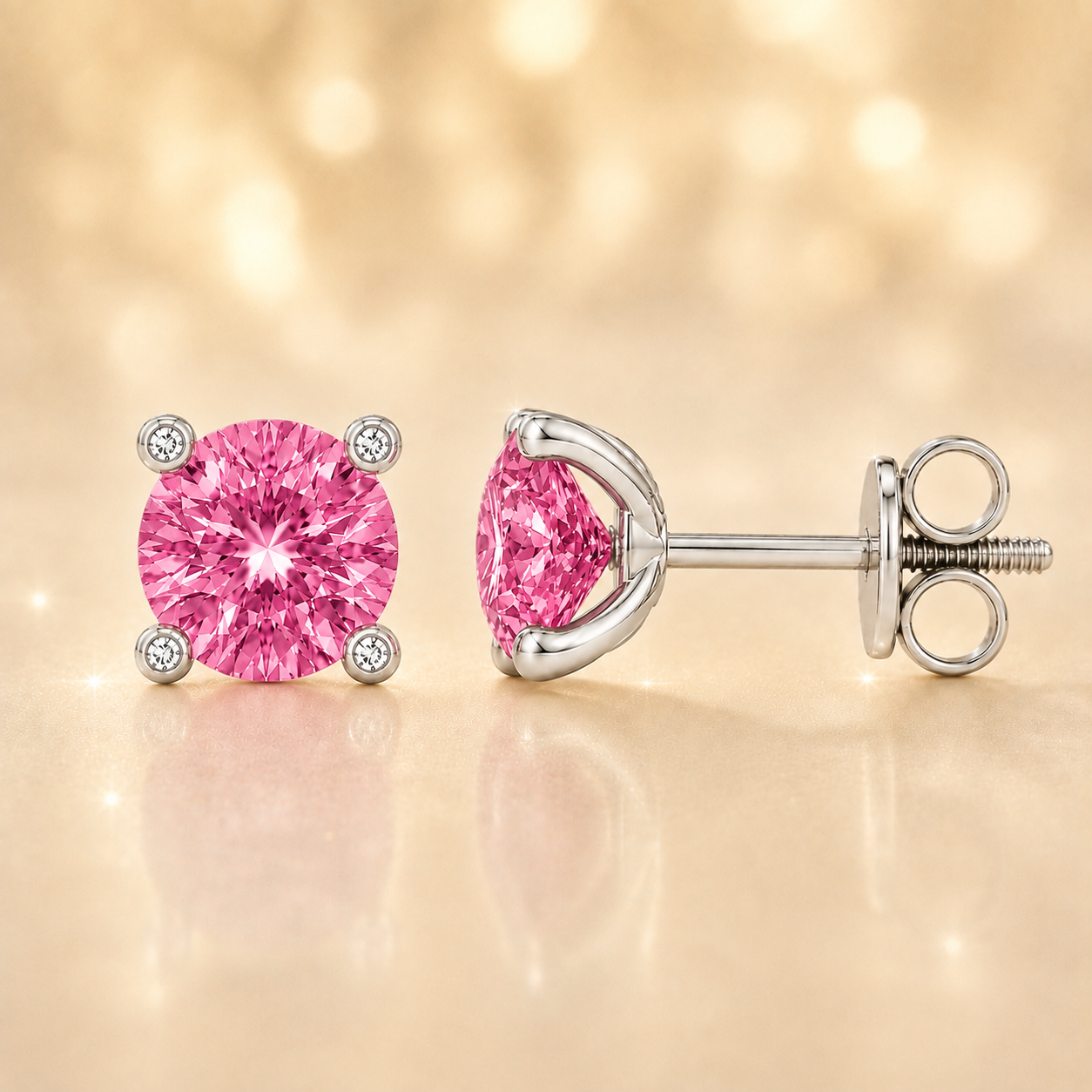 Round pink sapphire stud earrings with 5 mm stones and moissanite prongs in white gold plated 925 silver. Available now at BSI Jewelry.