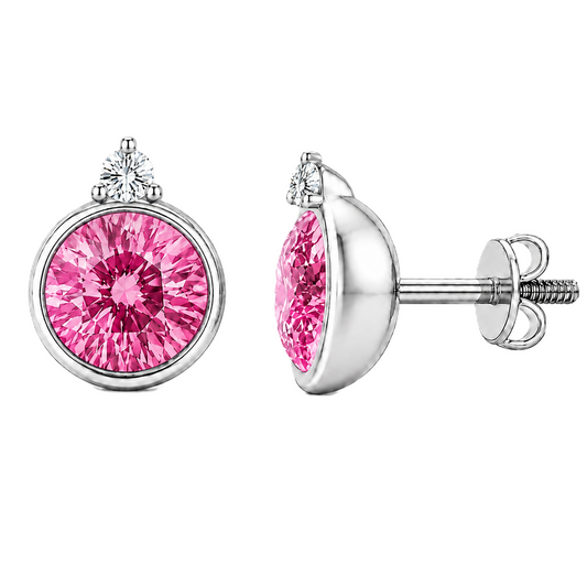 Pink sapphire stud earrings, 5 mm round, crafted in white gold-plated 925 silver. Elegant and hypoallergenic. Available now at BSI Jewelry.