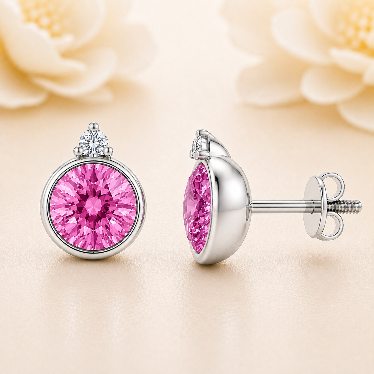 Pink sapphire stud earrings, 5 mm round, crafted in white gold-plated 925 silver. Elegant and hypoallergenic. Available now at BSI Jewelry.