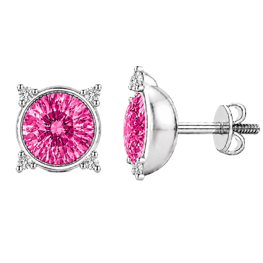 Round pink sapphire stud earrings with moissanite accents in white gold-plated 925 silver. Elegant and hypoallergenic. Available now at BSI Jewelry.
