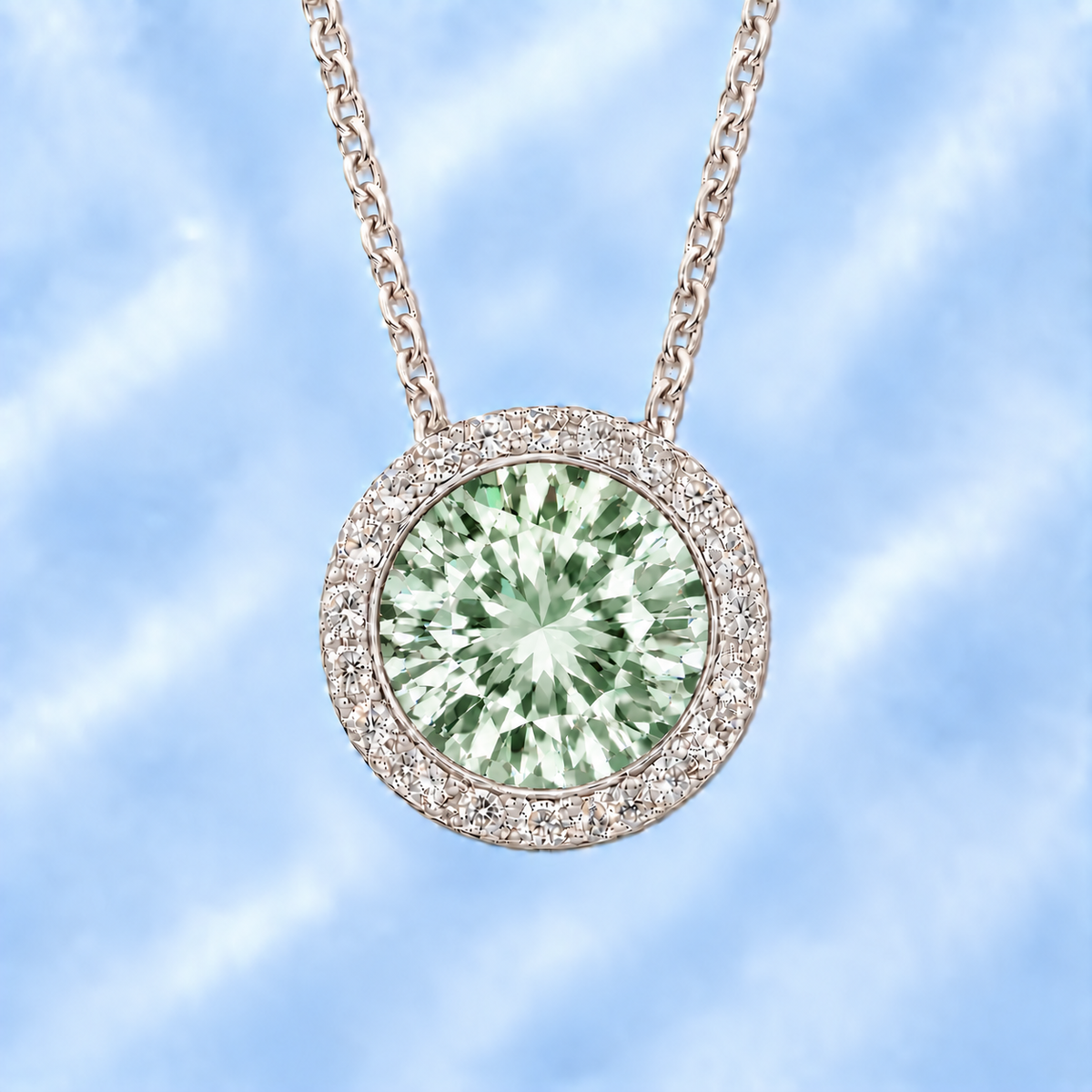 Prasolite pendant with a 7 mm round gemstone in white gold-plated 925 silver. Elegant and hypoallergenic. Available now at BSI Jewelry.
