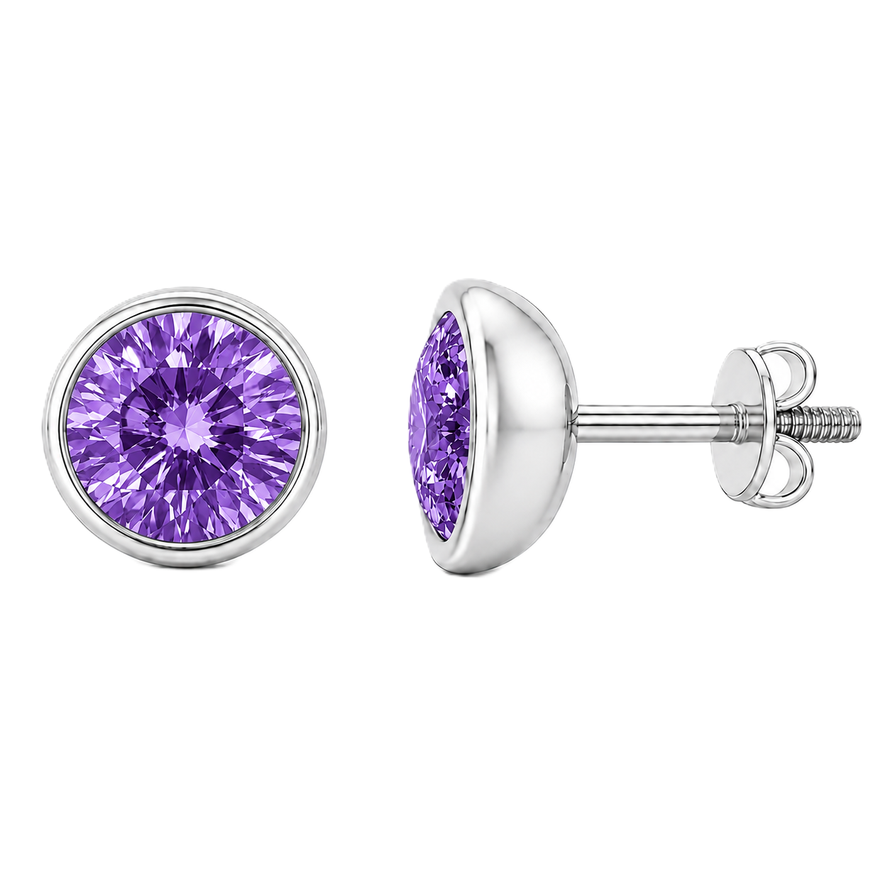 Round purple sapphire stud earrings, 4 mm round, crafted in white gold-plated 925 silver. Elegant screw-back design for daily wear. Available now at BSI Jewelry.