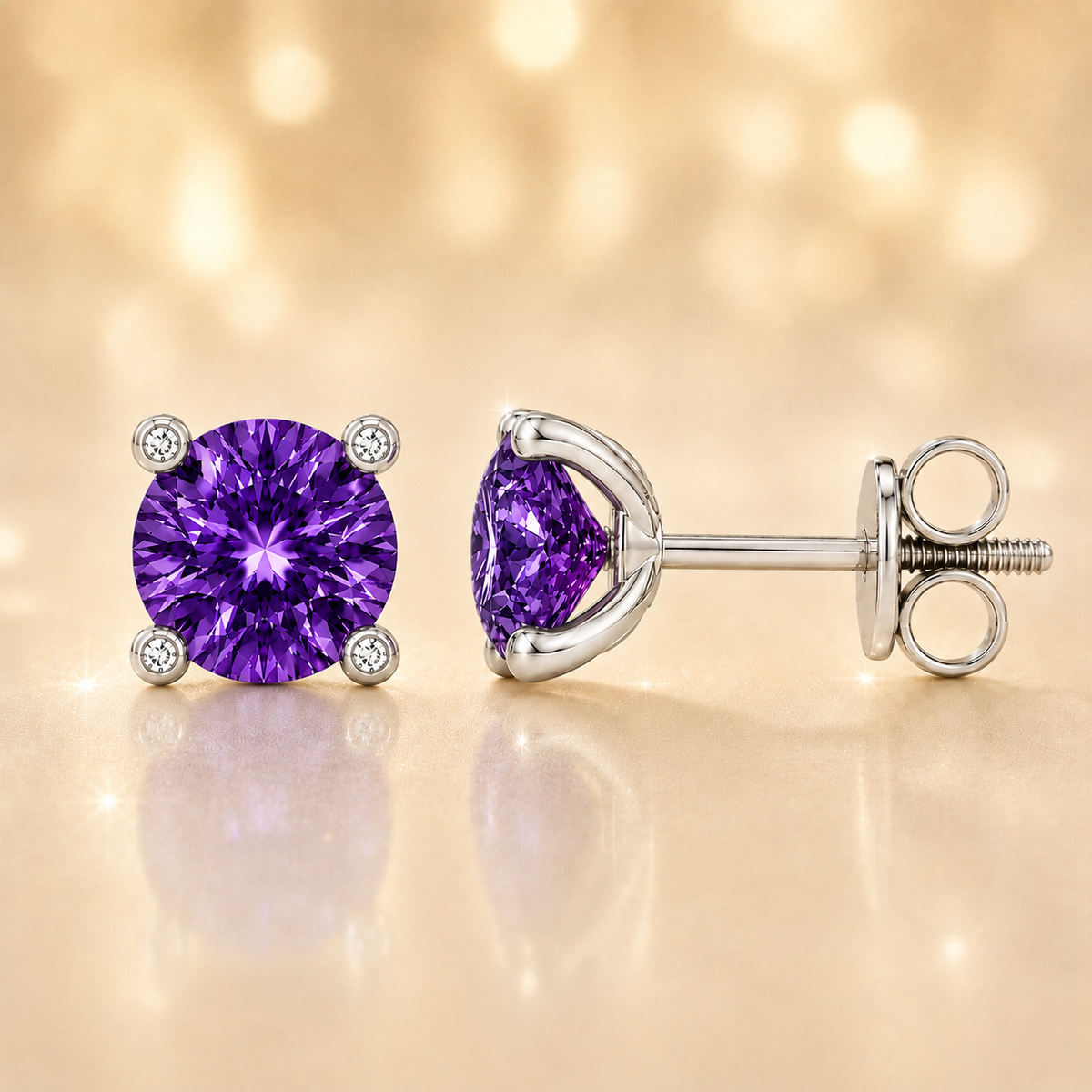 Round purple sapphire stud earrings with 5 mm stones and moissanite prongs in white gold plated 925 silver. Available now at BSI Jewelry.