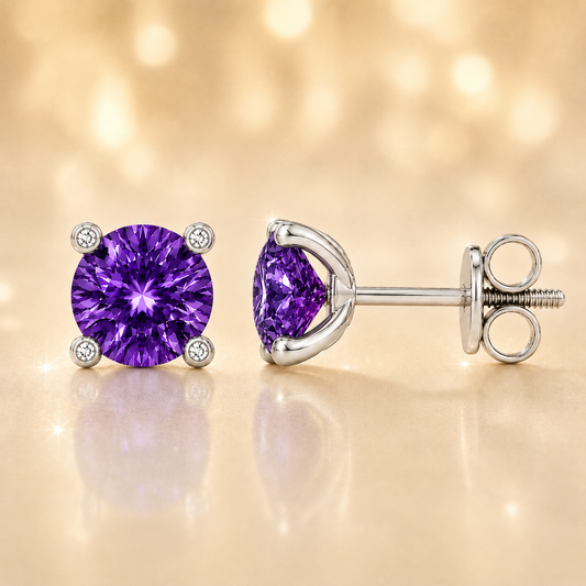 Round purple sapphire stud earrings with 5 mm stones and moissanite prongs in white gold plated 925 silver. Available now at BSI Jewelry.