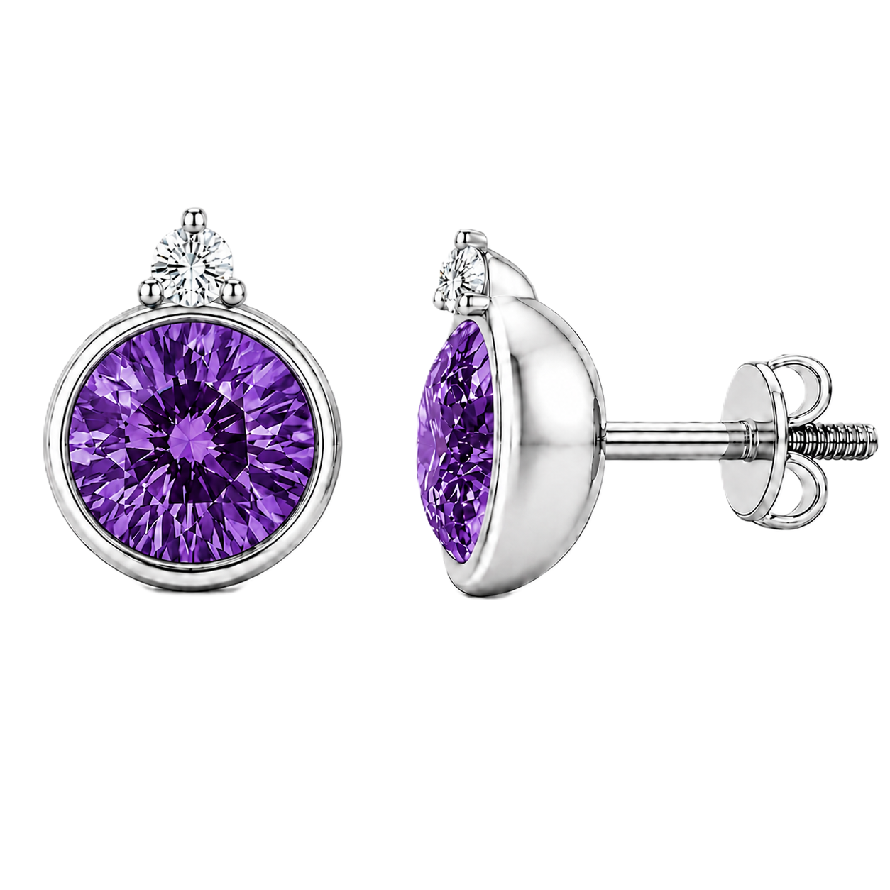 Purple sapphire stud earrings, 5 mm round, crafted in white gold-plated 925 silver. Elegant and hypoallergenic. Available now at BSI Jewelry.