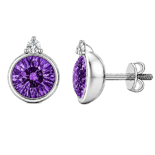 Purple sapphire stud earrings, 5 mm round, crafted in white gold-plated 925 silver. Elegant and hypoallergenic. Available now at BSI Jewelry.