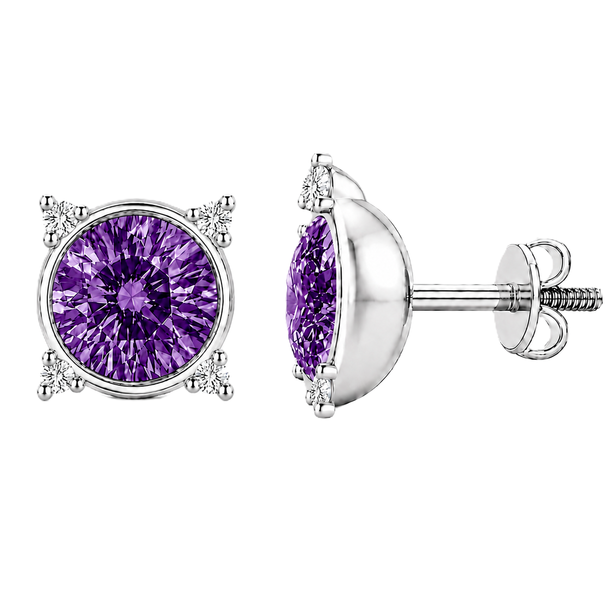 Round purple sapphire stud earrings with moissanite accents in white gold-plated 925 silver. Elegant and hypoallergenic. Available now at BSI Jewelry.