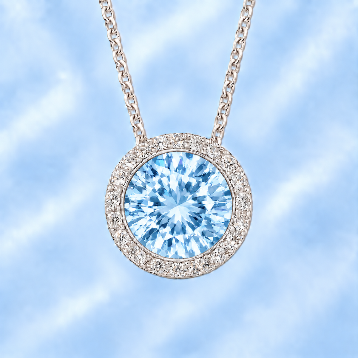 Sky blue topaz pendant with a 7 mm round gemstone in white gold-plated 925 silver. Elegant and hypoallergenic. Available now at BSI Jewelry.