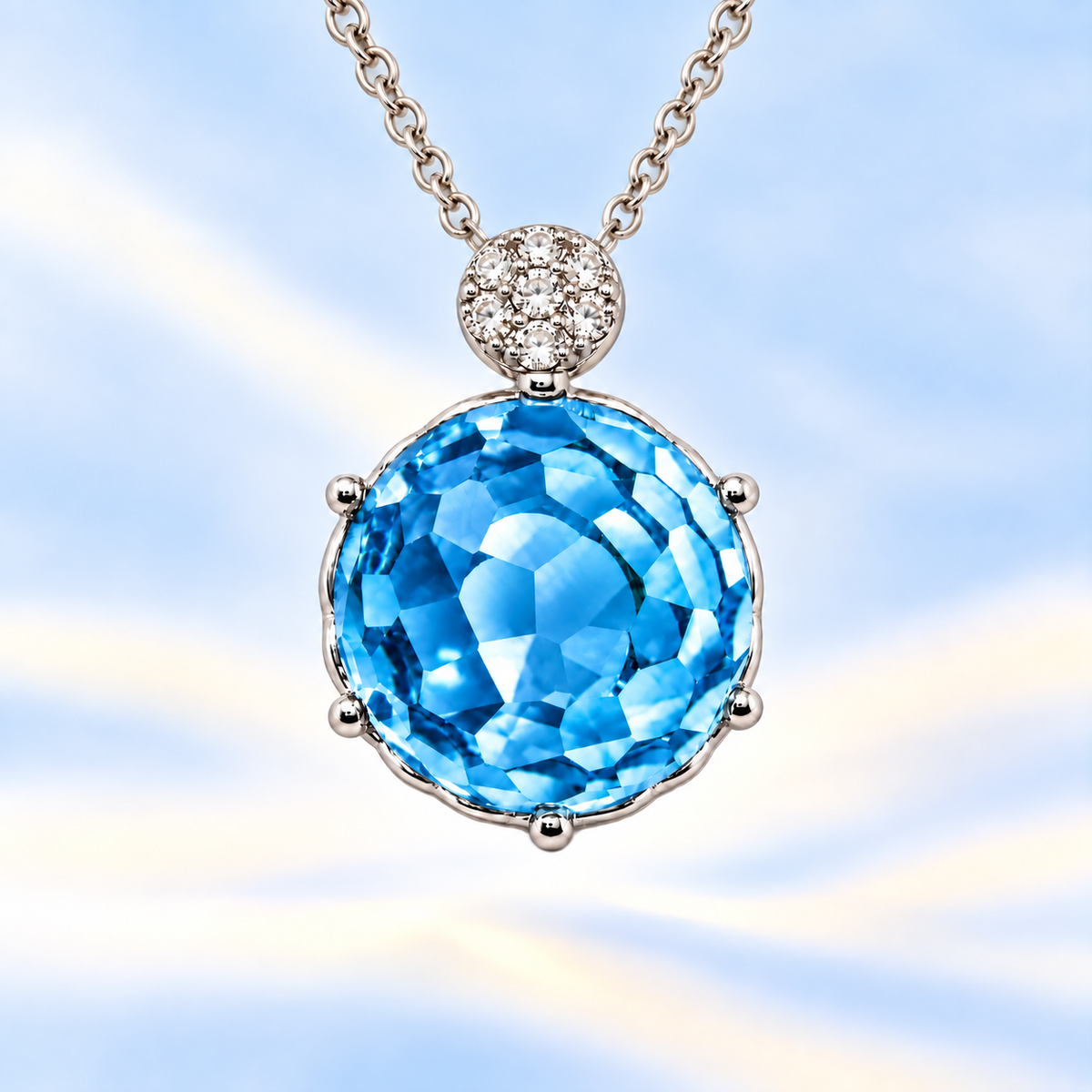 Round sky blue topaz pendant with an 8 mm cabochon gemstone in white gold-plated 925 silver. Elegant and hypoallergenic. Available now at BSI Jewelry.
