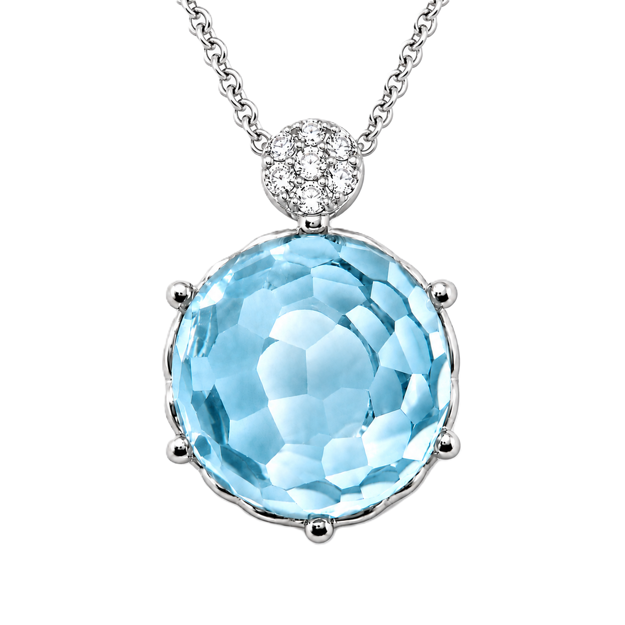 Round sky blue topaz pendant with an 8 mm cabochon gemstone in white gold-plated 925 silver. Elegant and hypoallergenic. Available now at BSI Jewelry.