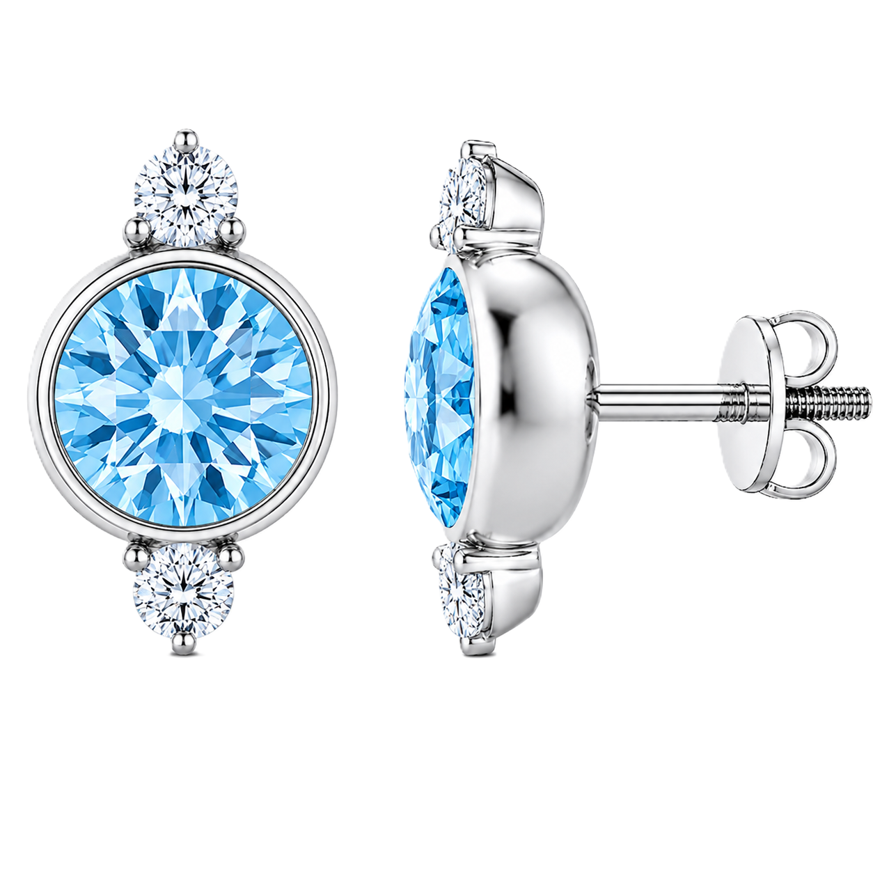 Sky blue topaz stud earrings, 7 mm round with moissanite accents in white gold-plated 925 silver. Elegant and hypoallergenic. Available now at BSI Jewelry.