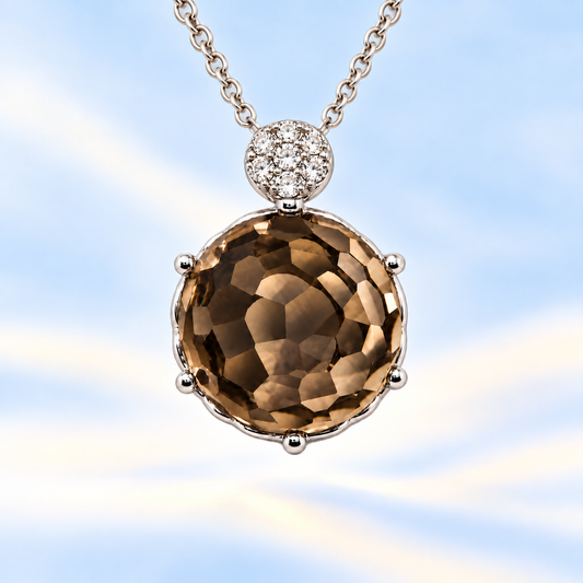 Round smoky quartz pendant with an 8 mm cabochon gemstone in white gold-plated 925 silver. Elegant and hypoallergenic. Available now at BSI Jewelry.