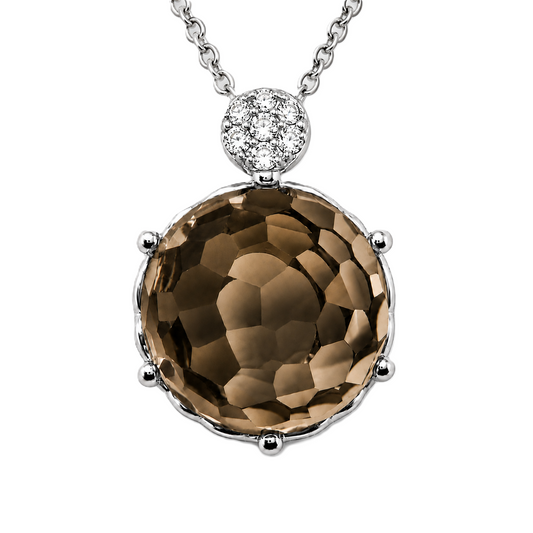 Round smoky quartz pendant with an 8 mm cabochon gemstone in white gold-plated 925 silver. Elegant and hypoallergenic. Available now at BSI Jewelry.