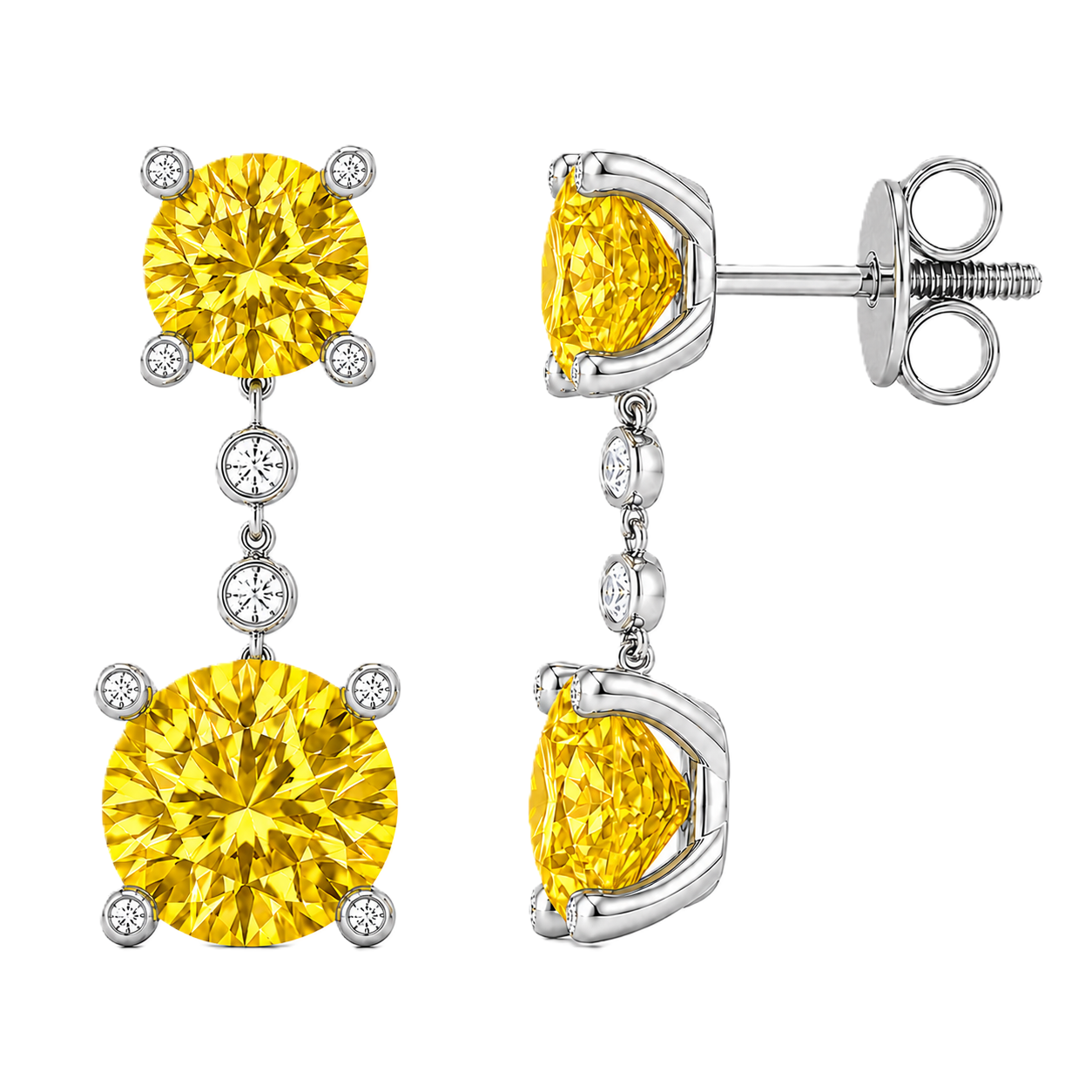 Yellow sapphire drop earrings with 4 mm and 5 mm round sapphires in white gold-plated 925 silver with moissanite accents. Available now at BSI Jewelry.