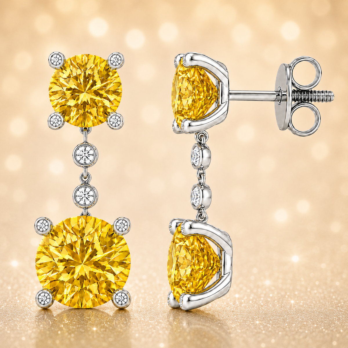 Yellow sapphire drop earrings with 4 mm and 5 mm round sapphires in white gold-plated 925 silver with moissanite accents. Available now at BSI Jewelry.